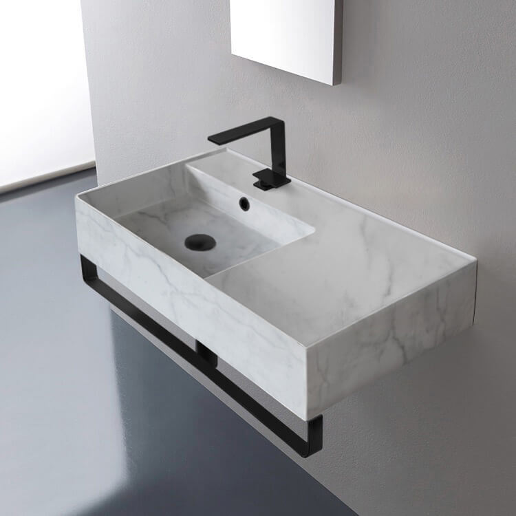 Scarabeo 5115-F-TB-BLK-One Hole Marble Design Ceramic Wall Mounted Sink With Matte Black Towel Bar